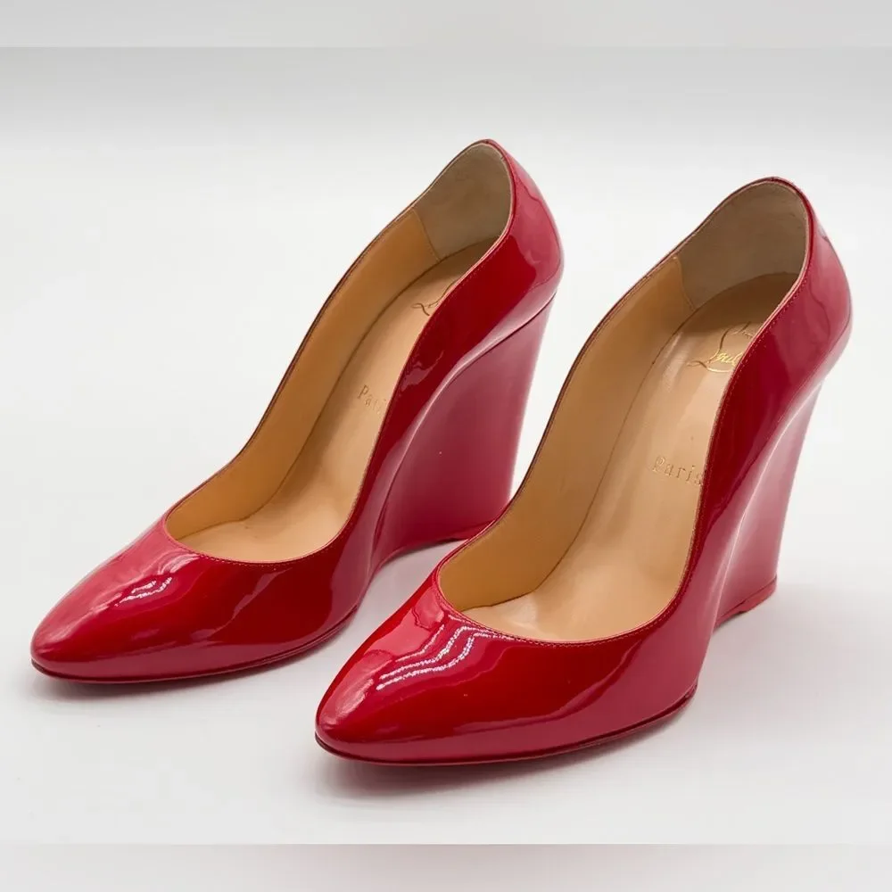 Christian Louboutin Tanja 100 Wedge Heel Pump Patent Leather Red EU 38 US 8